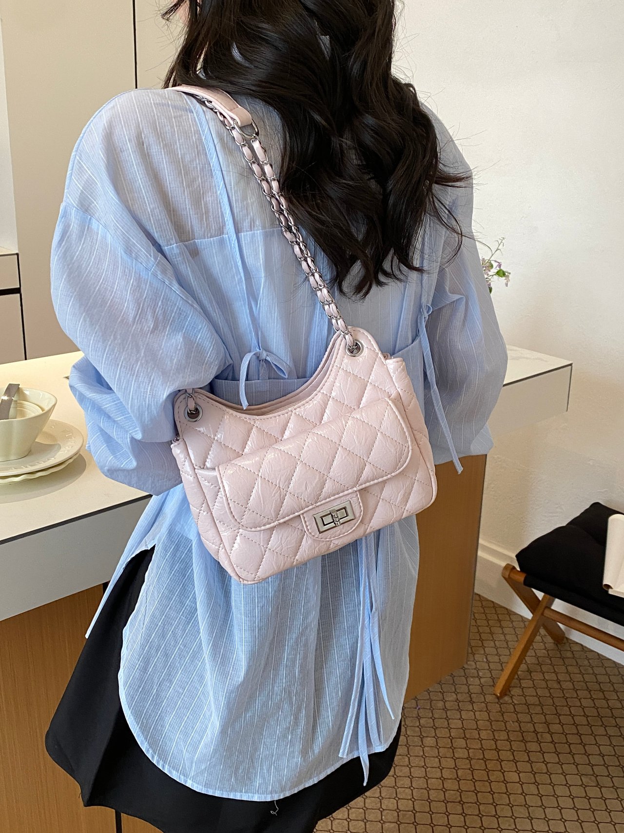 Pink Quilted Shoulder Bag with Chain Strap