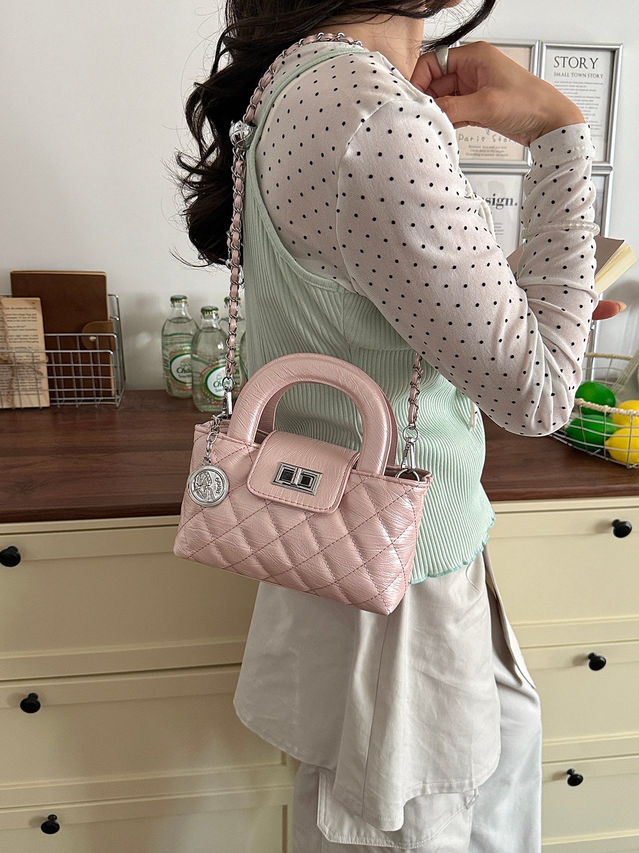 Pink Quilted Mini Handbag with Chain Strap