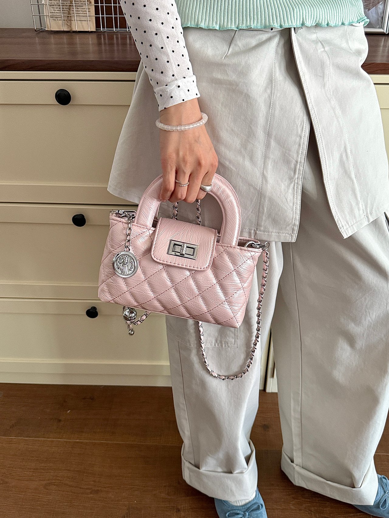 Pink Quilted Mini Handbag with Chain Strap