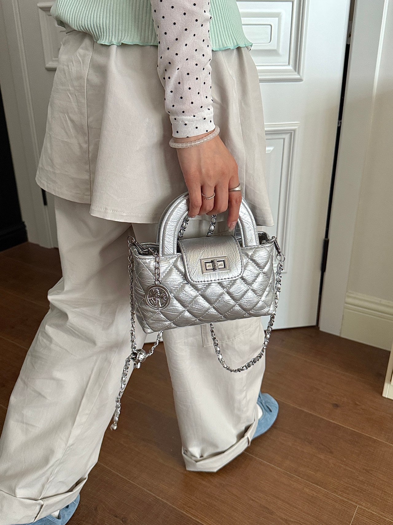 Silver Quilted Mini Handbag with Chain Strap