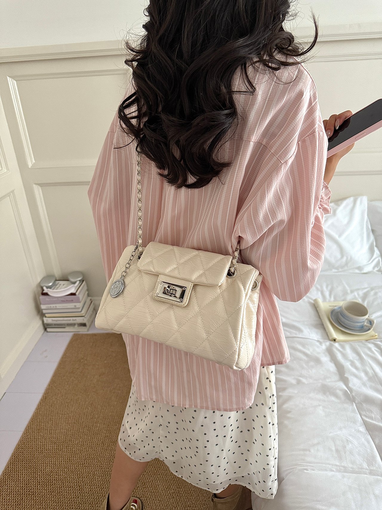 Cream Quilted Shoulder Bag with Turn-Lock