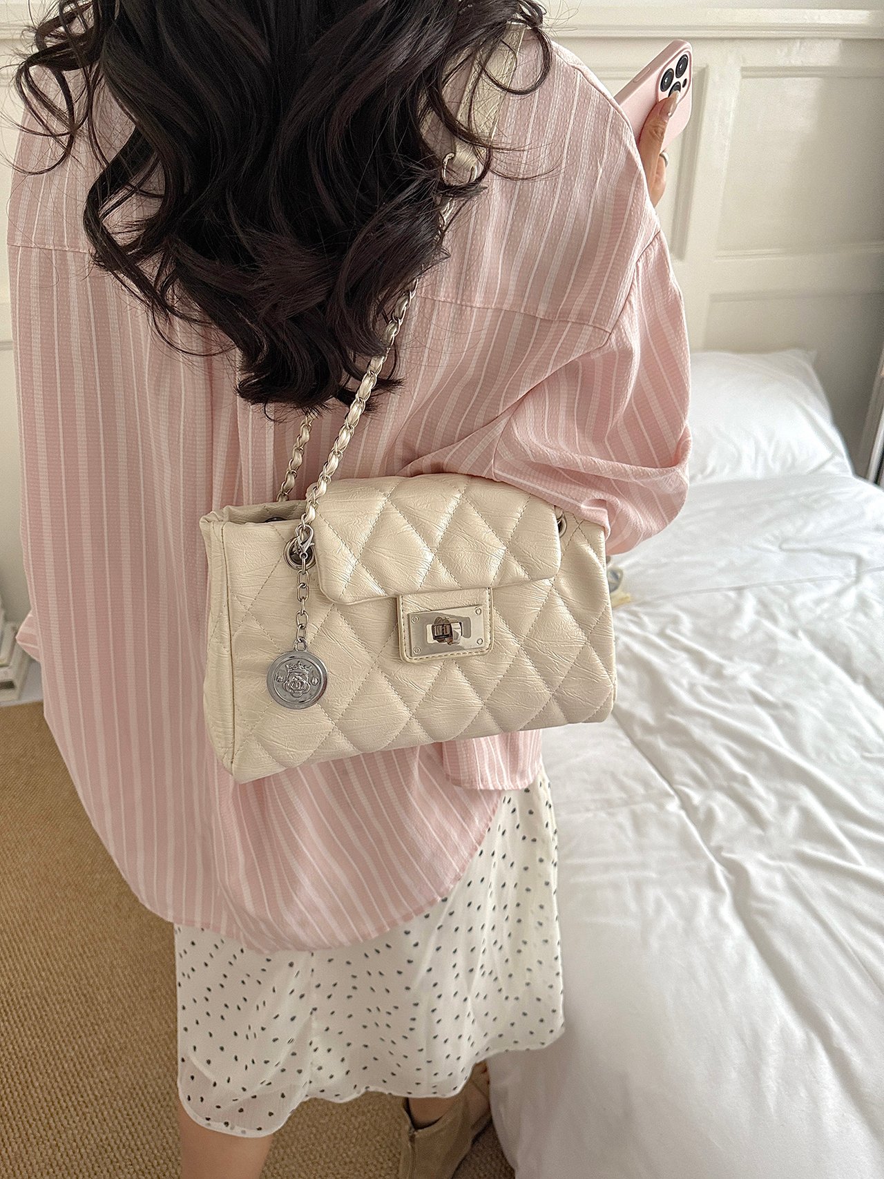 Cream Quilted Shoulder Bag with Turn-Lock