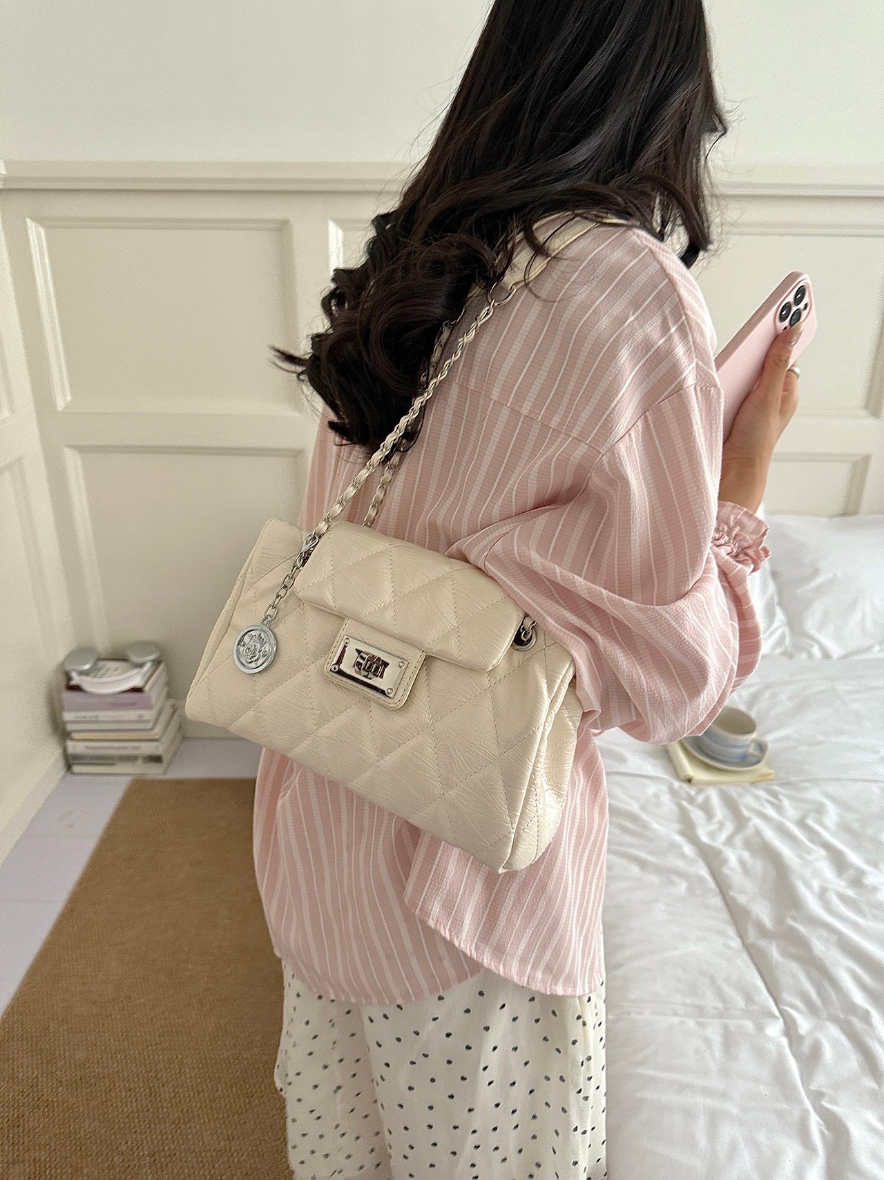 Cream Quilted Shoulder Bag with Turn-Lock