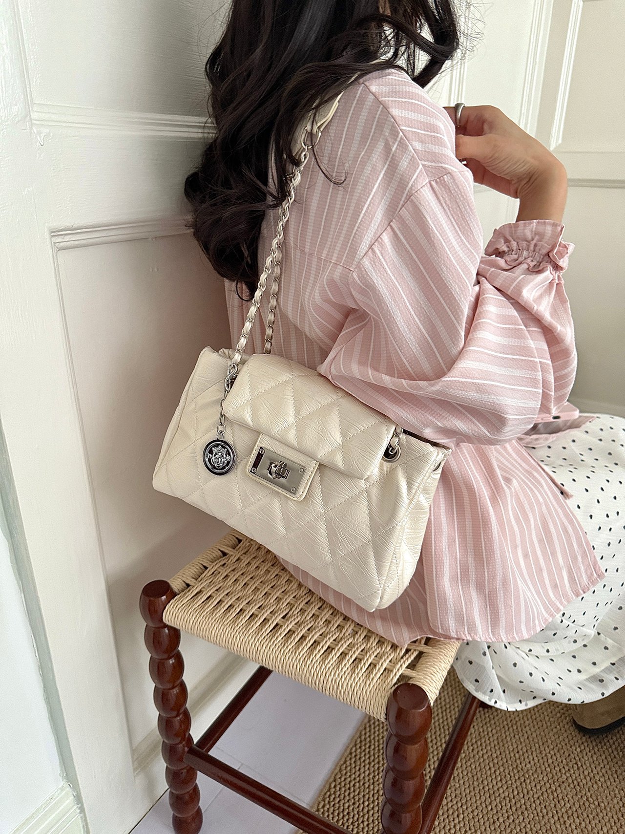 Cream Quilted Shoulder Bag with Turn-Lock