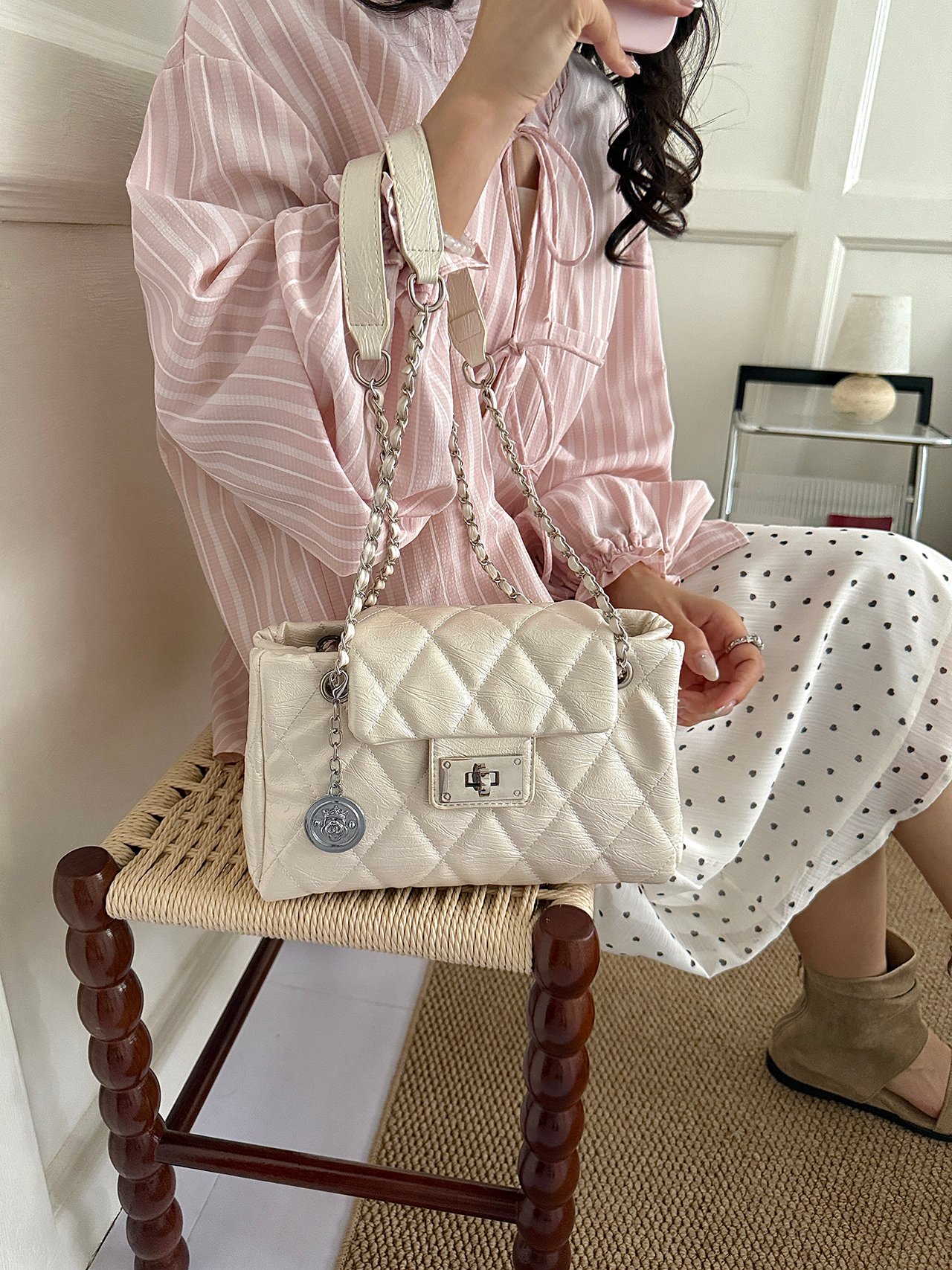 Cream Quilted Shoulder Bag with Turn-Lock