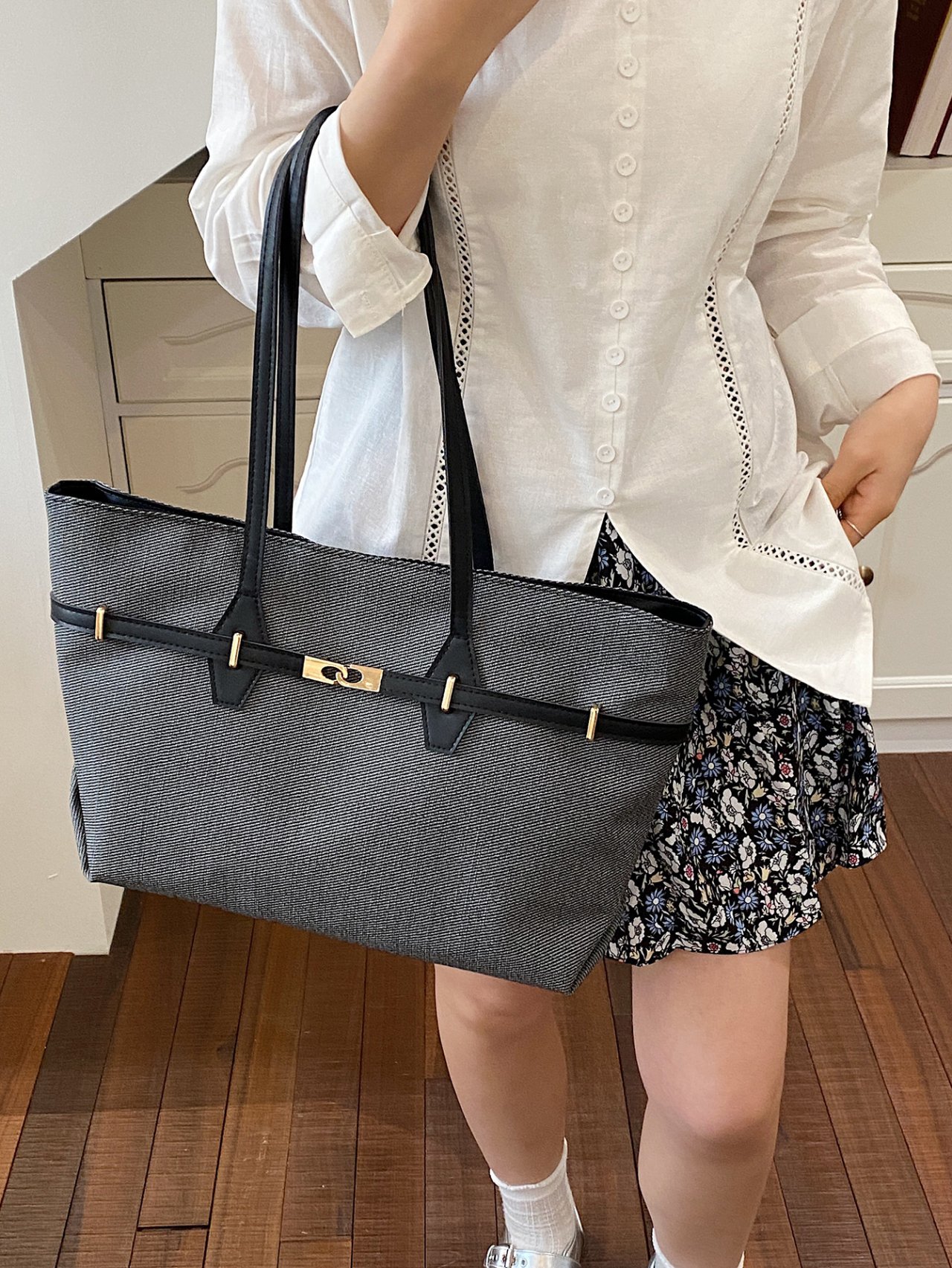 Black Shoulder Bag with Gold Accents