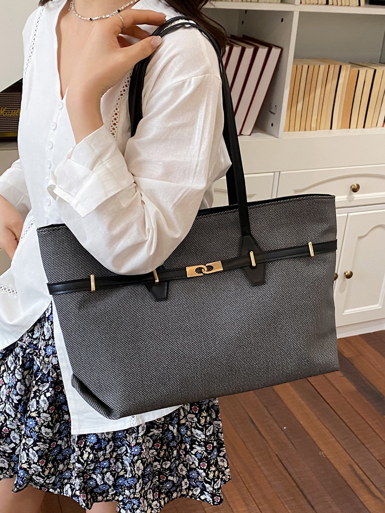 Black Shoulder Bag with Gold Accents
