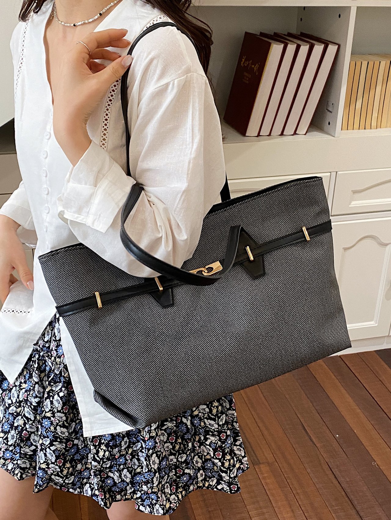 Black Shoulder Bag with Gold Accents