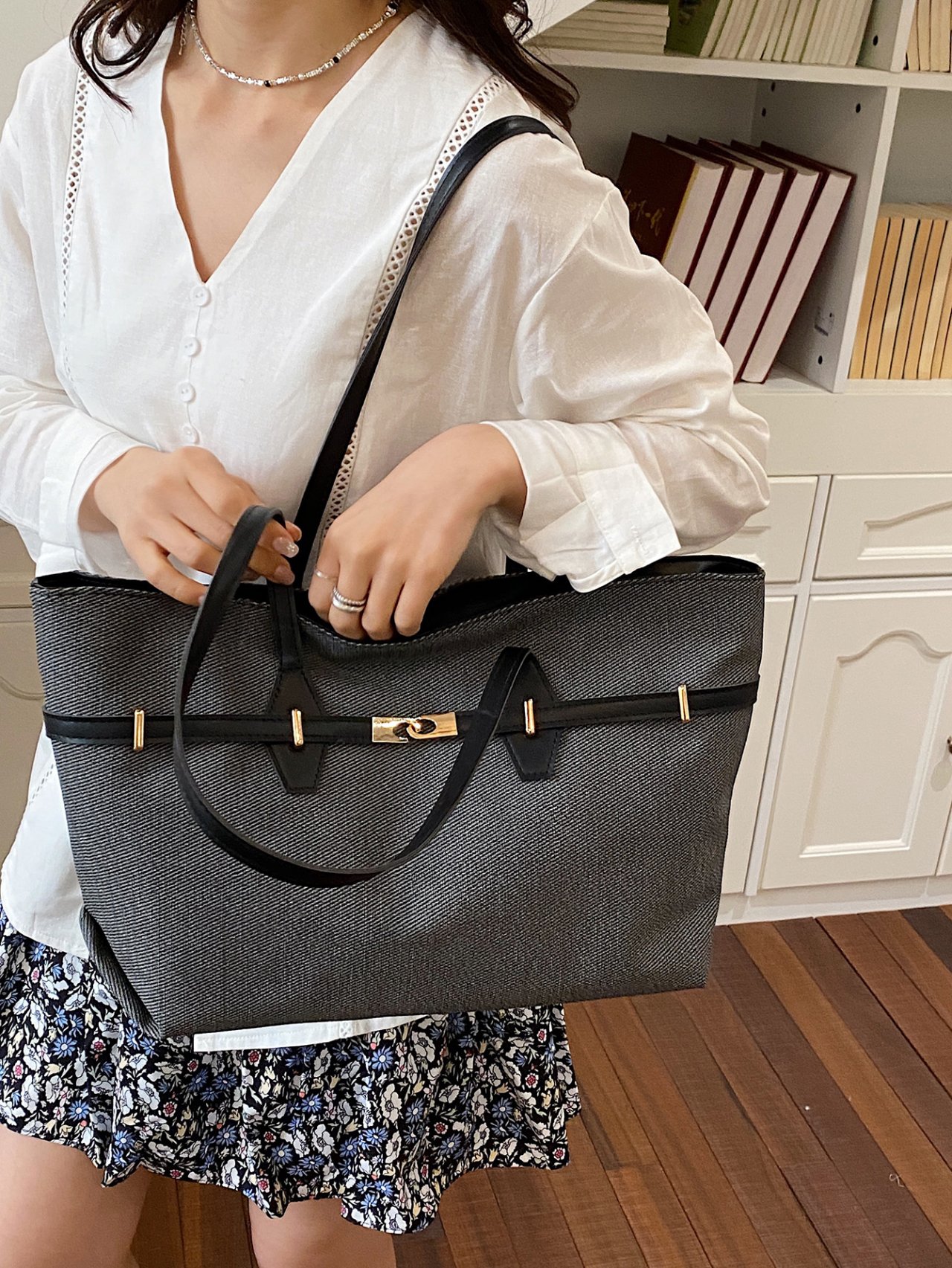 Black Shoulder Bag with Gold Accents
