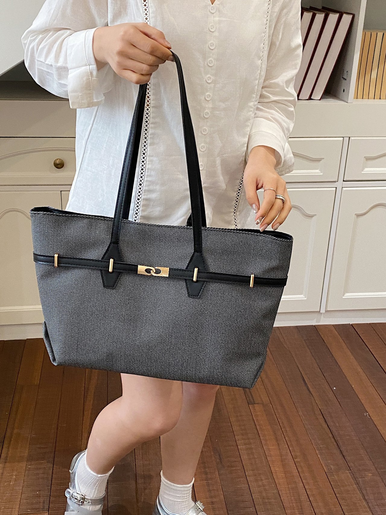 Black Shoulder Bag with Gold Accents