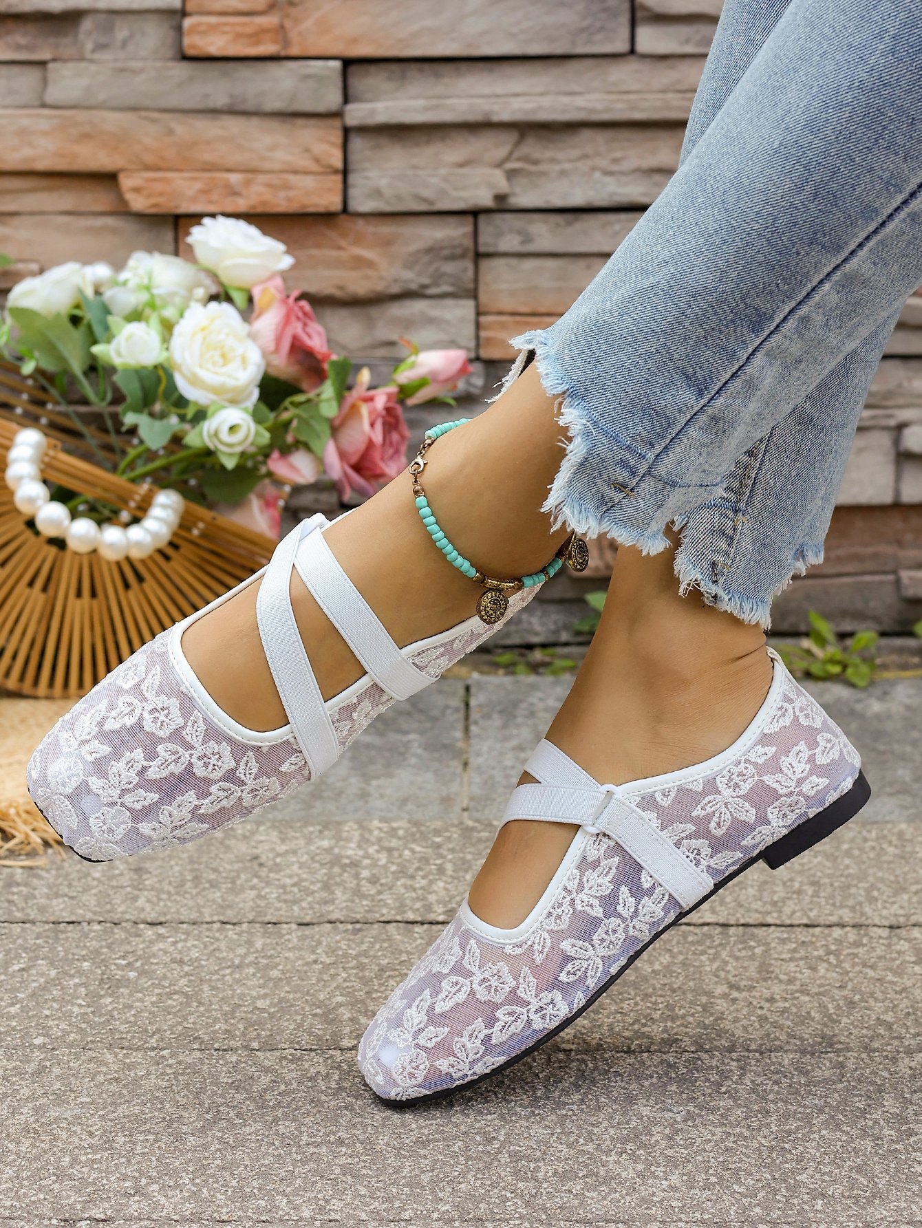 White Floral Lace Flats with Ankle Strap - Comfort Collection