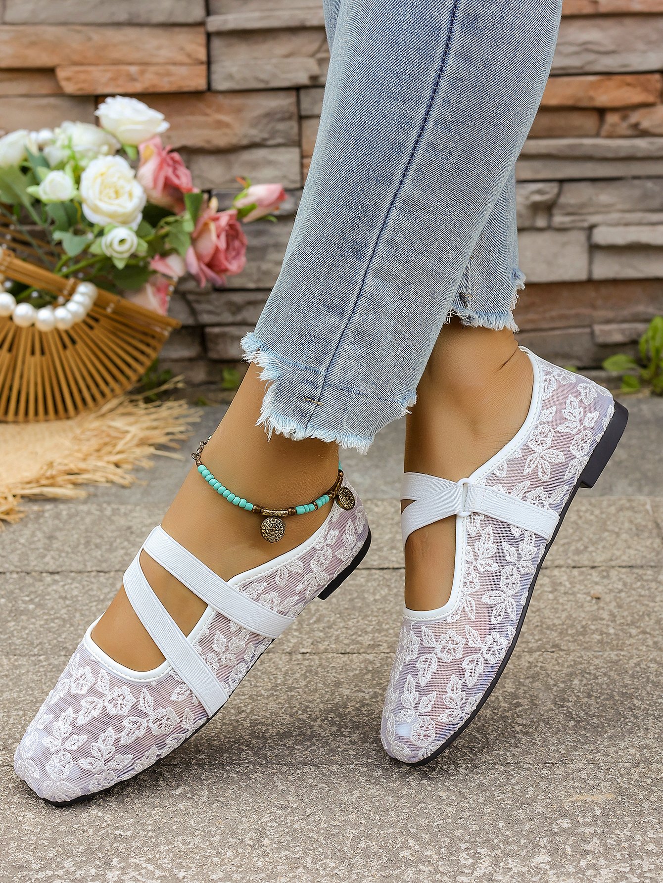 White Floral Lace Flats with Ankle Strap - Comfort Collection