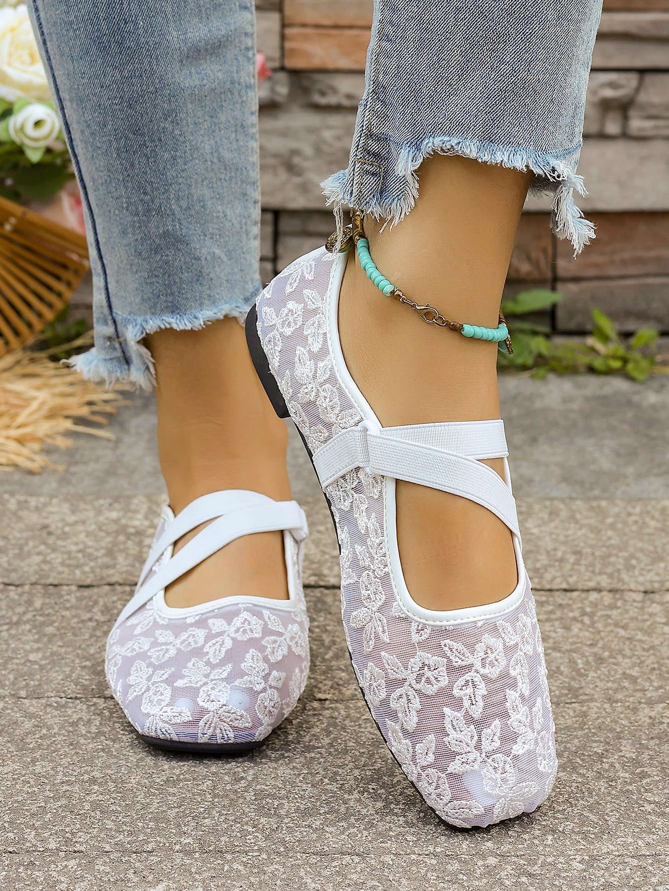White Floral Lace Flats with Ankle Strap - Comfort Collection