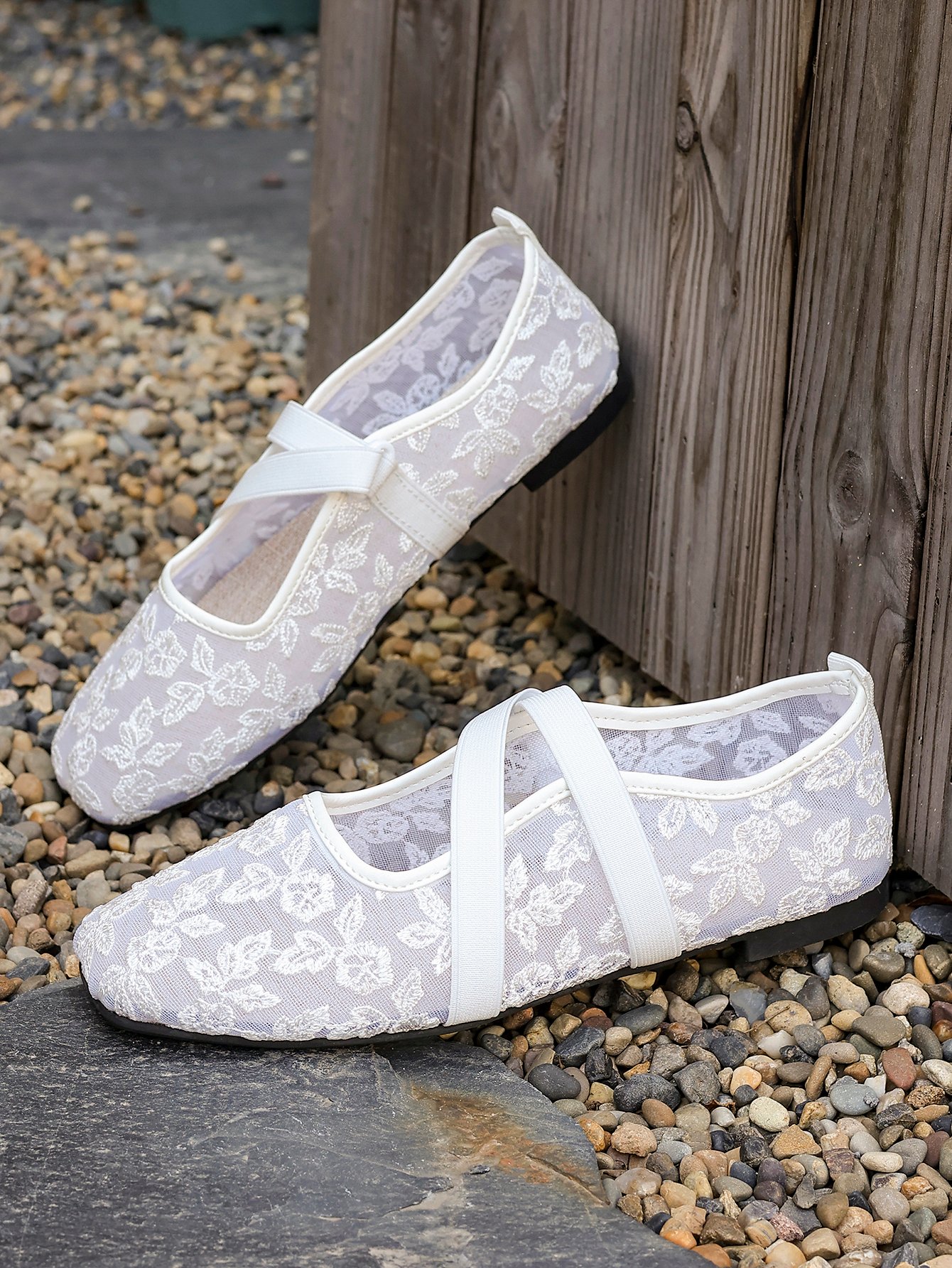 White Floral Lace Flats with Ankle Strap - Comfort Collection