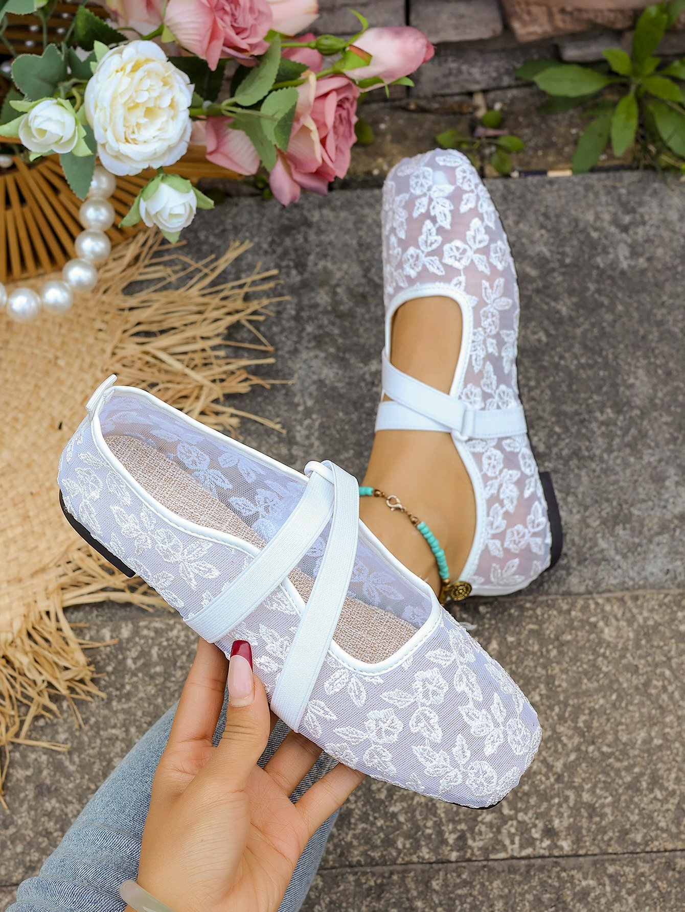 White Floral Lace Flats with Ankle Strap - Comfort Collection