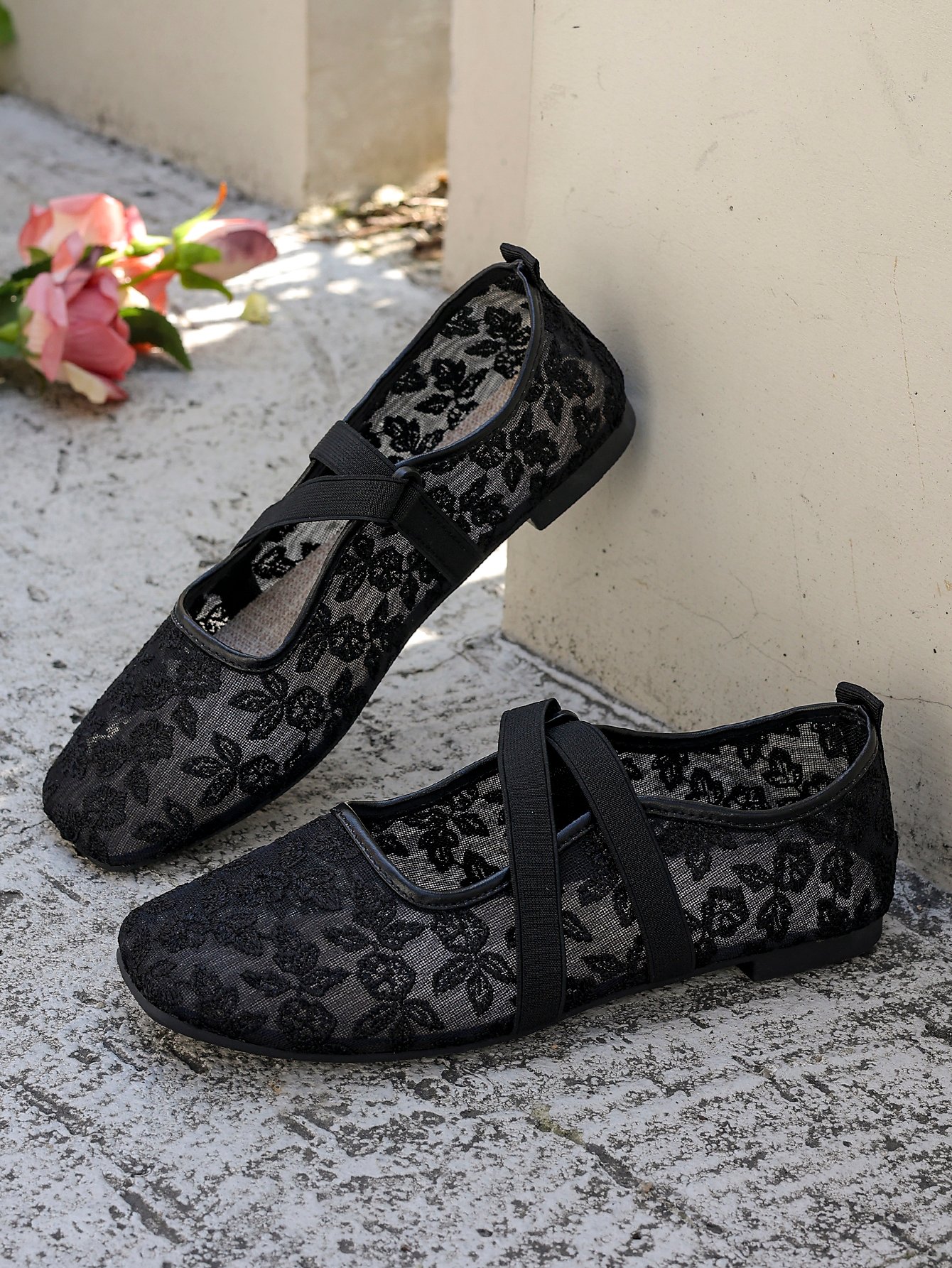Black Floral Mesh Flats for Women