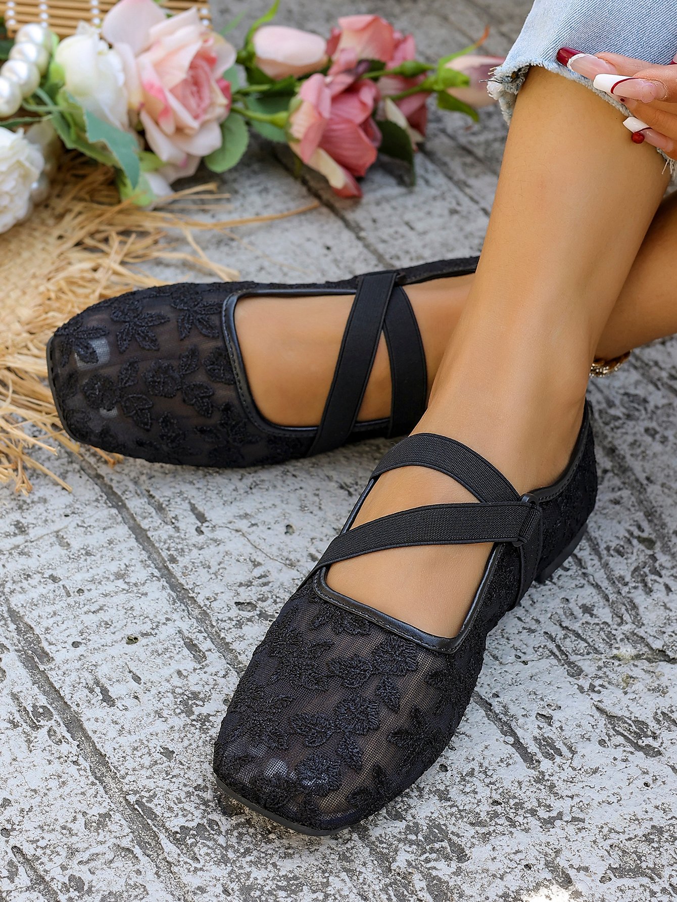 Black Floral Mesh Flats for Women