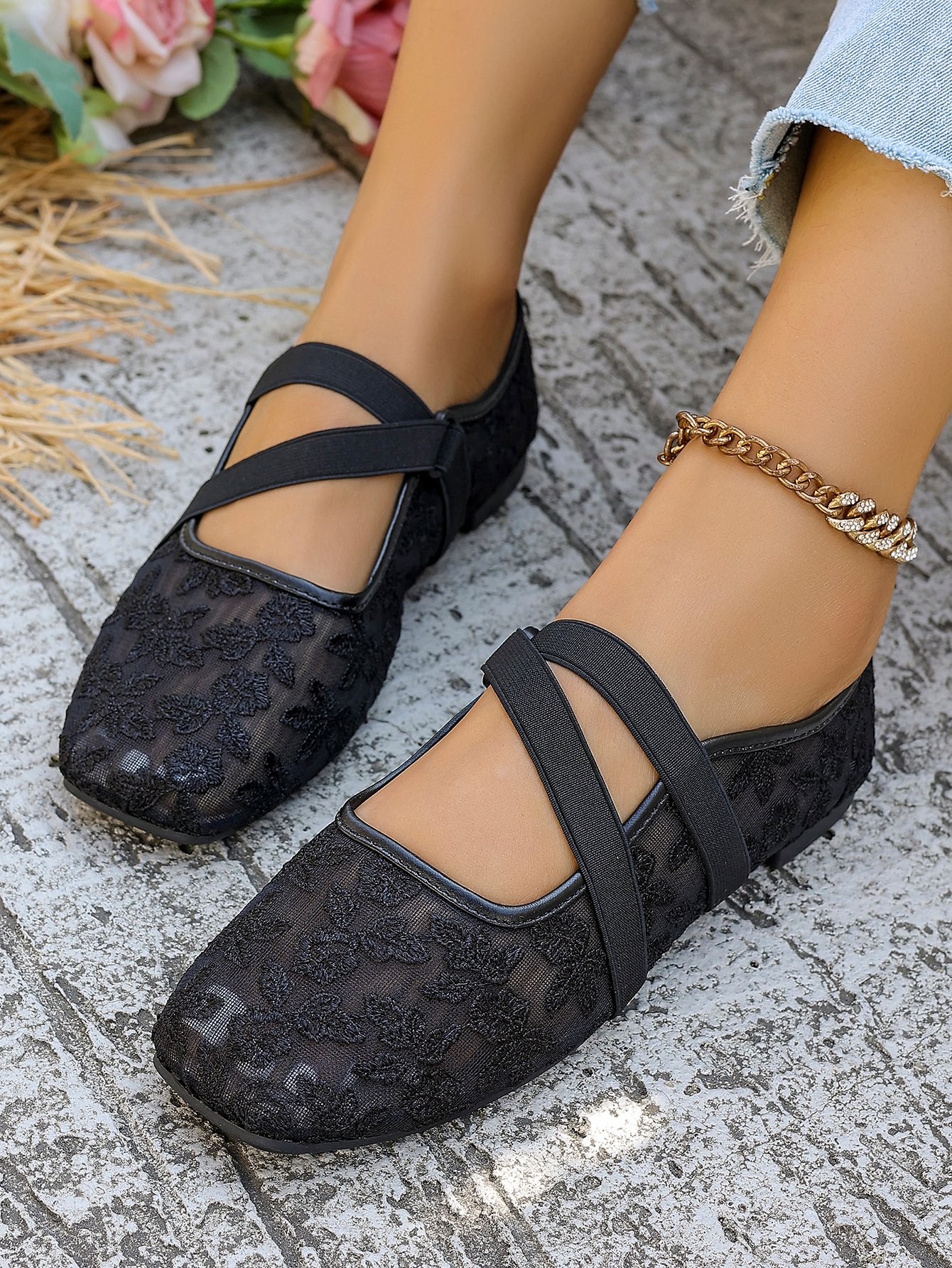 Black Floral Mesh Flats for Women
