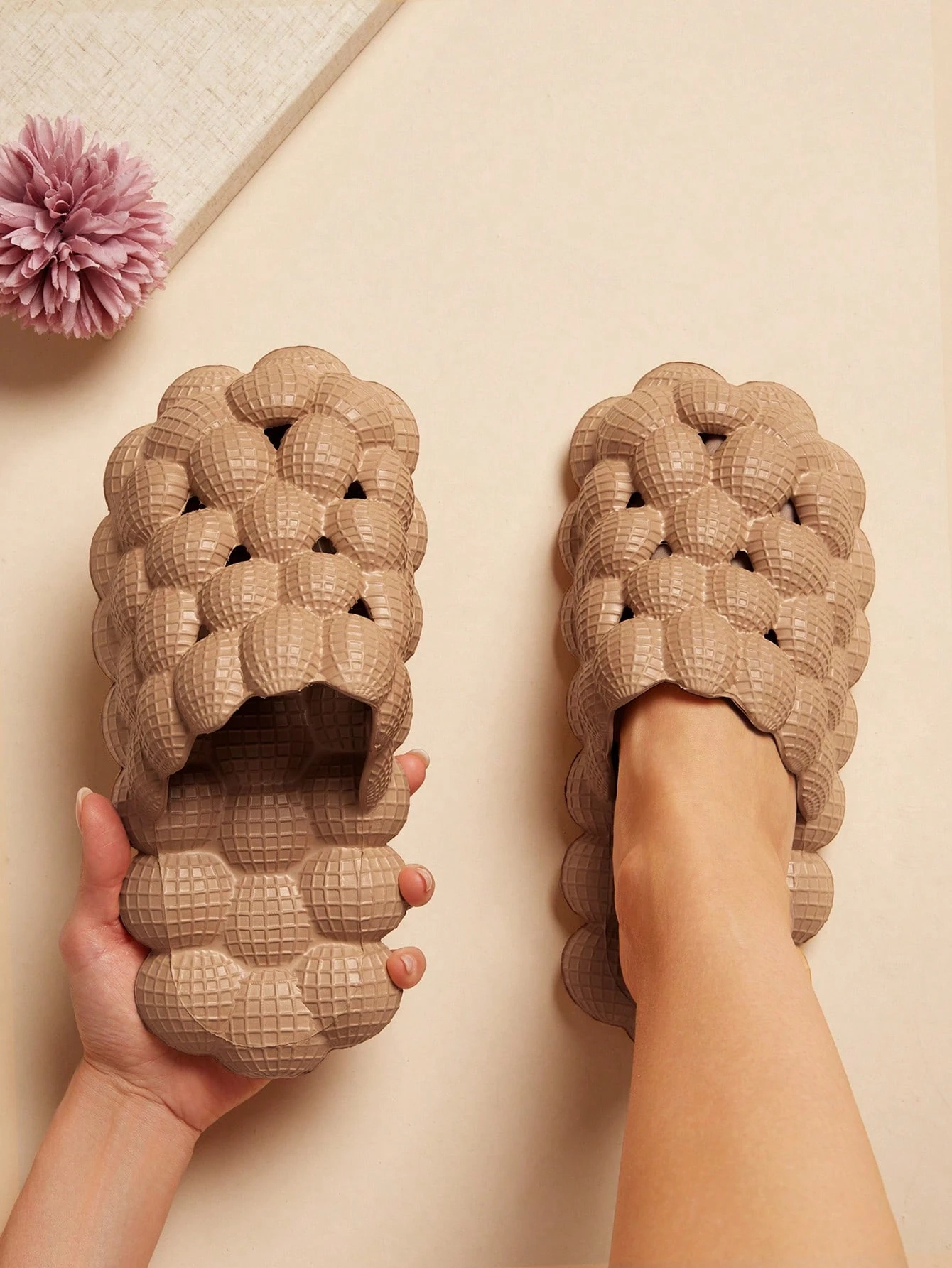 Comfy Beige Bubble Bedroom Slippers for Women - Soft and Non-Slip