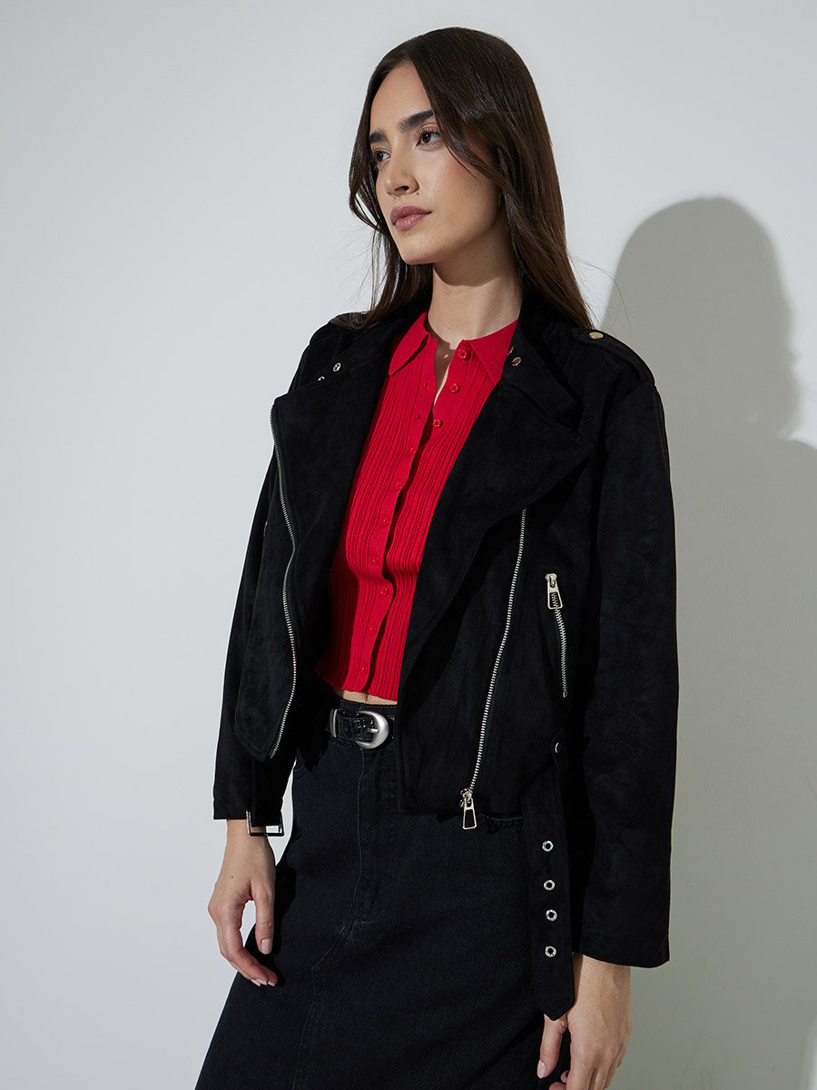 Black Solid Zip-Up Regular Fit Short Biker Jacket