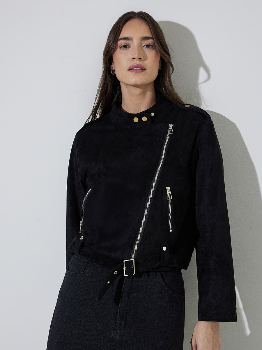 Black Solid Zip-Up Regular Fit Short Biker Jacket