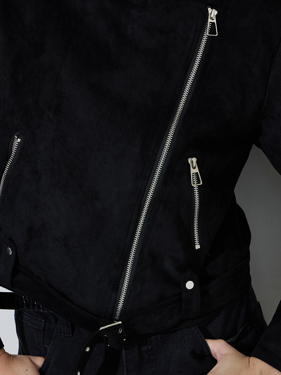 Black Solid Zip-Up Regular Fit Short Biker Jacket