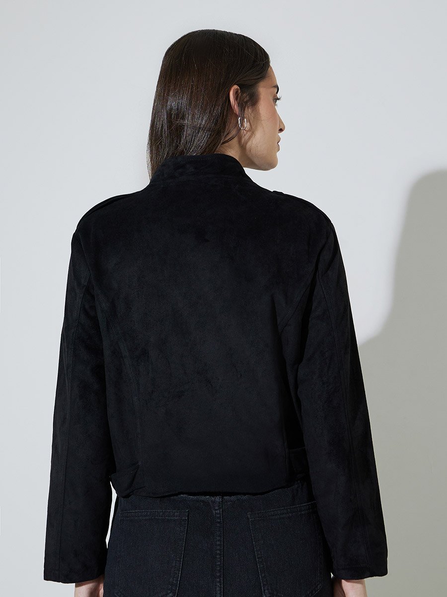 Black Solid Zip-Up Regular Fit Short Biker Jacket