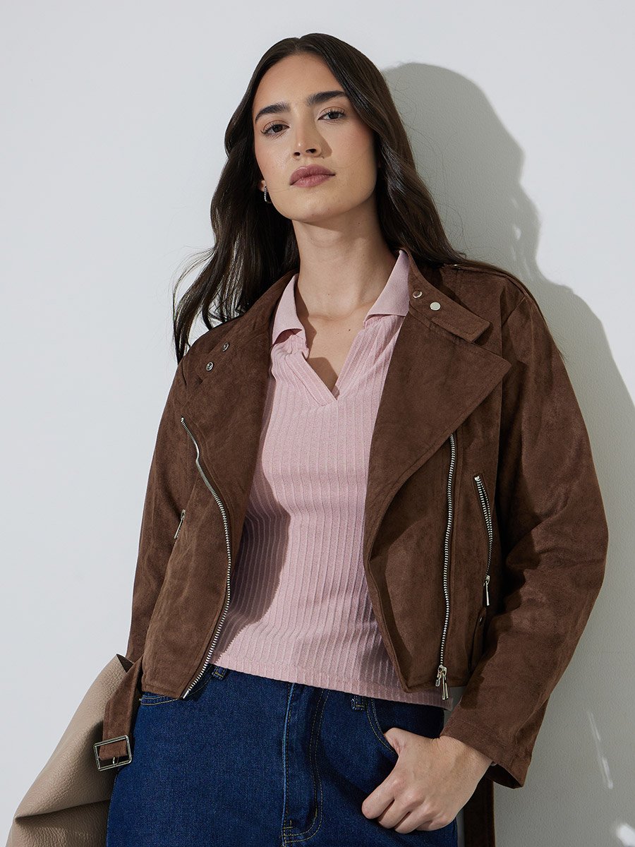 Brown Solid Zip-Up Regular Fit Short Biker Jacket