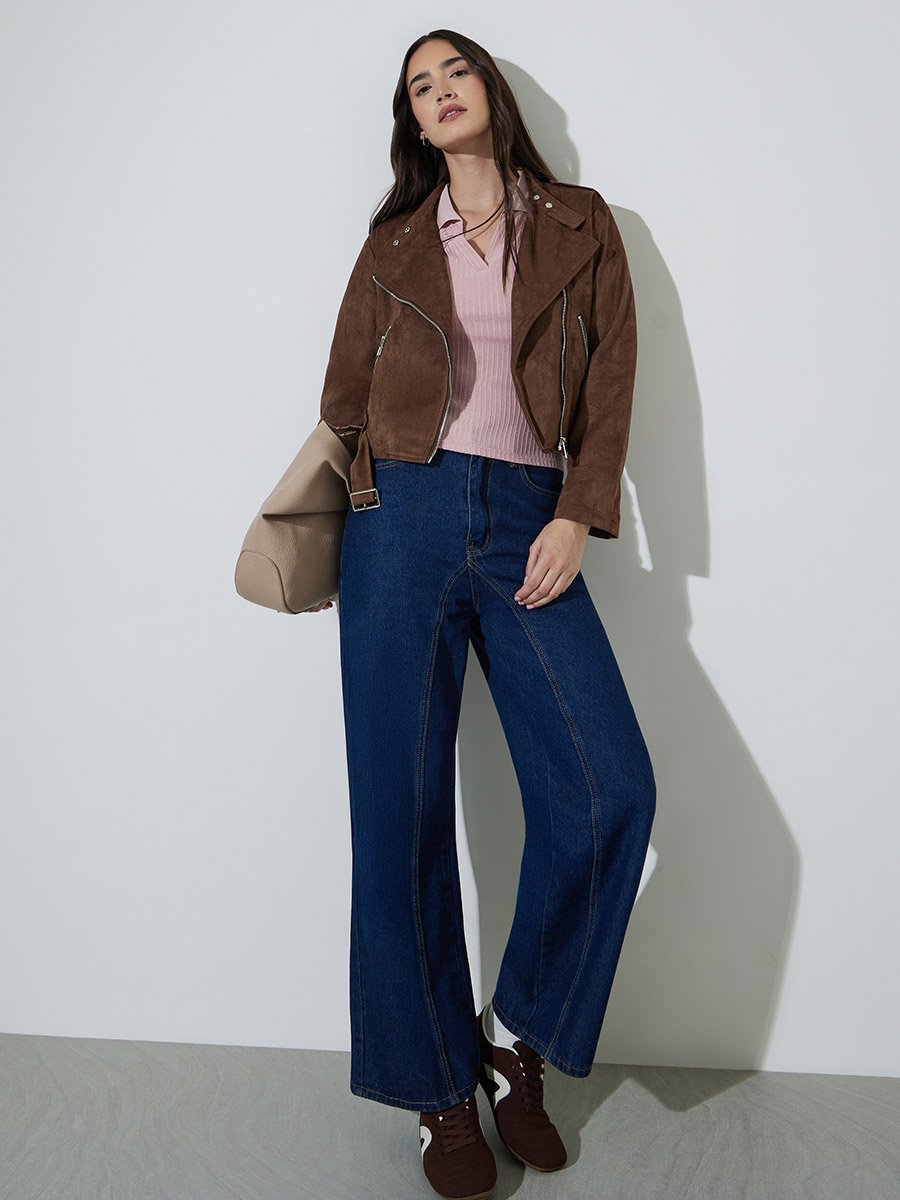 Brown Solid Zip-Up Regular Fit Short Biker Jacket