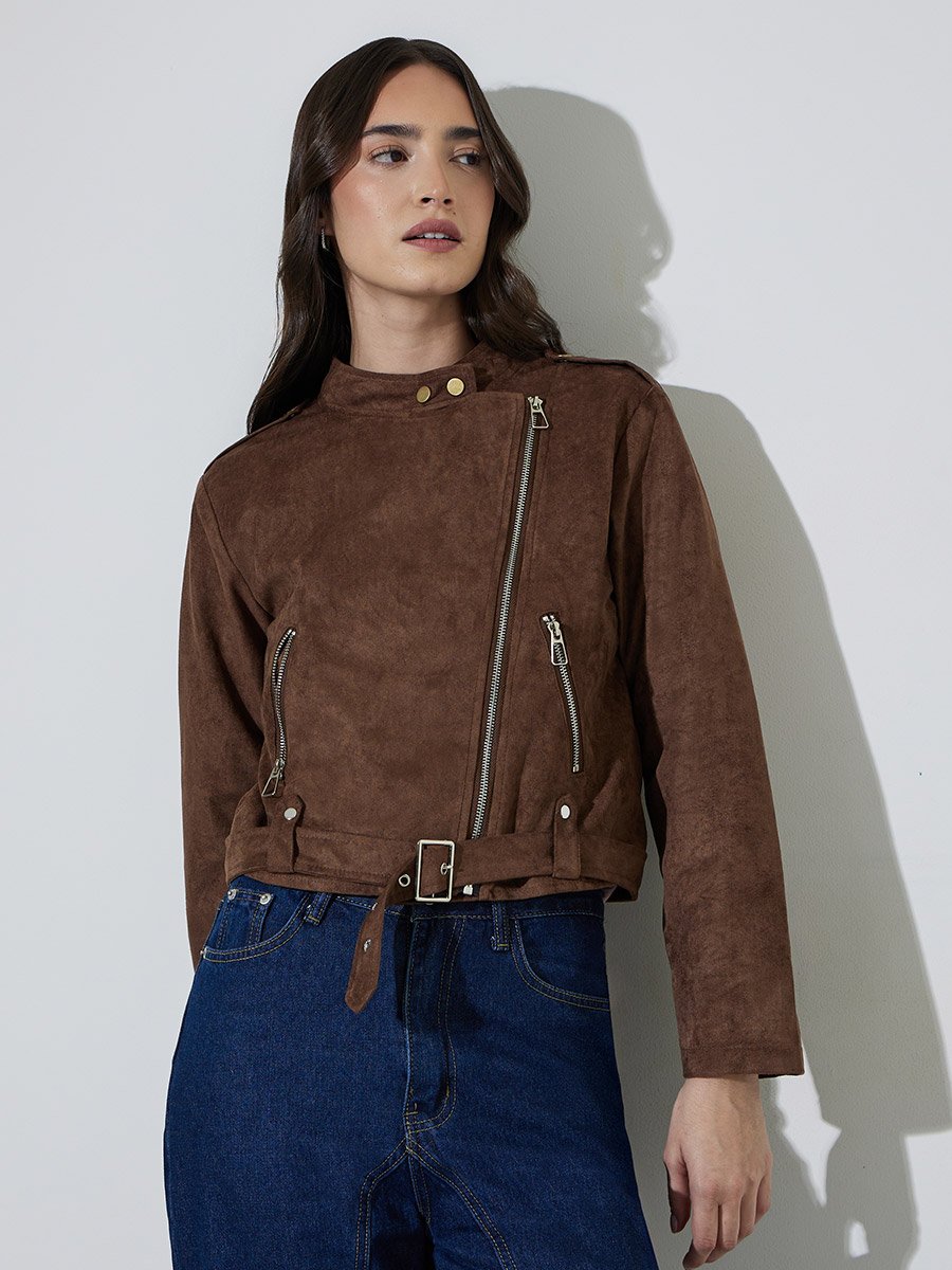 Brown Solid Zip-Up Regular Fit Short Biker Jacket