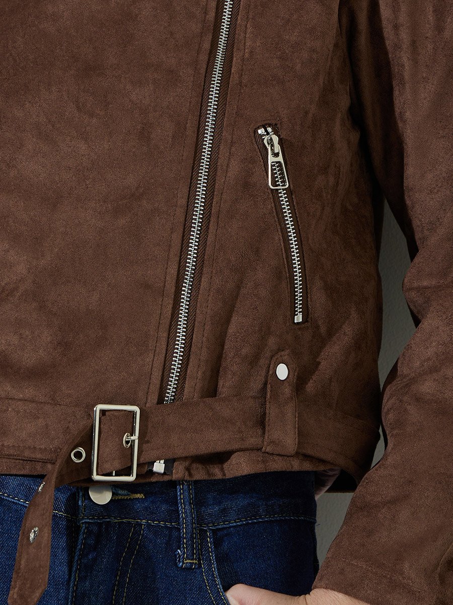 Brown Solid Zip-Up Regular Fit Short Biker Jacket