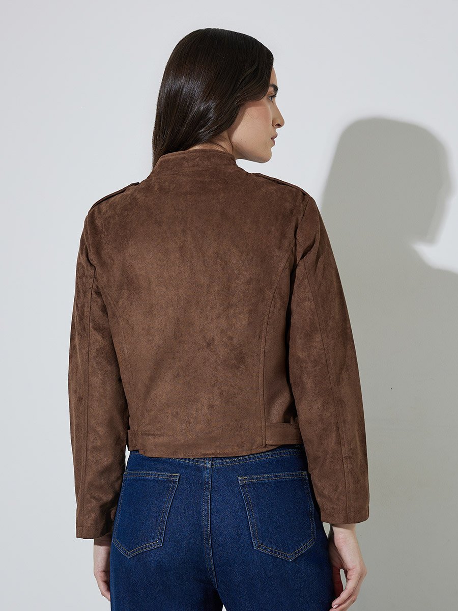 Brown Solid Zip-Up Regular Fit Short Biker Jacket