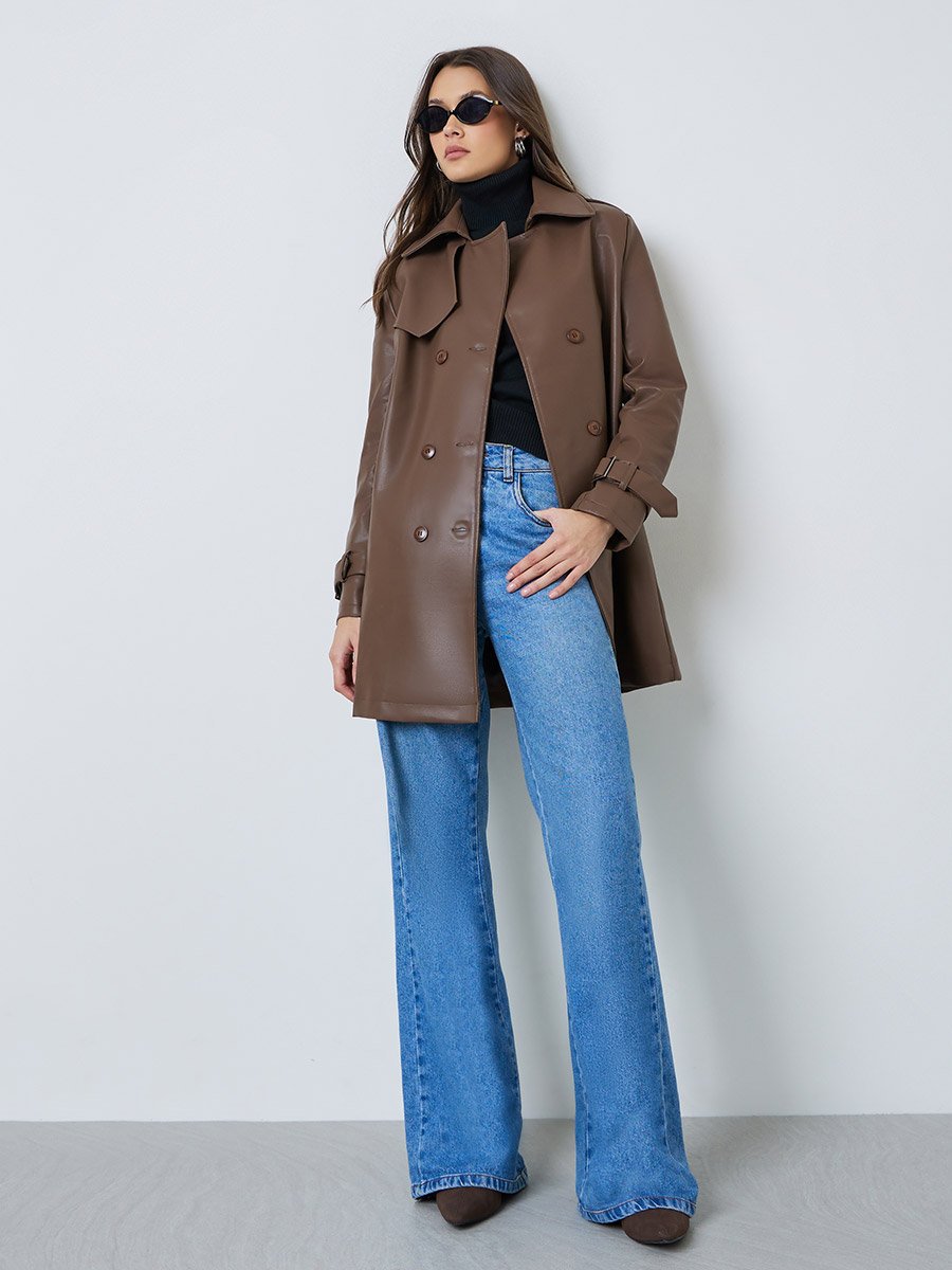 Coffee Brown Regular Fit PU Belted Trench Coat