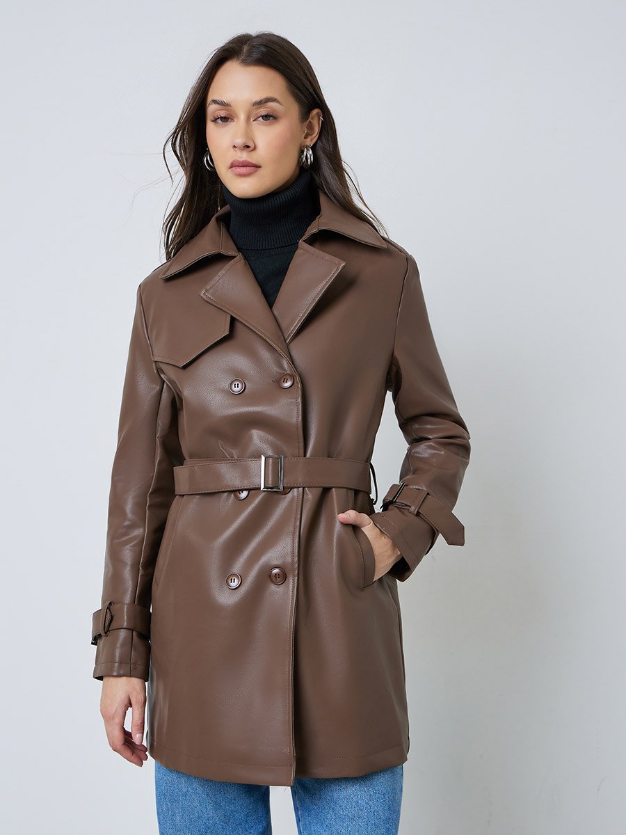 Coffee Brown Regular Fit PU Belted Trench Coat