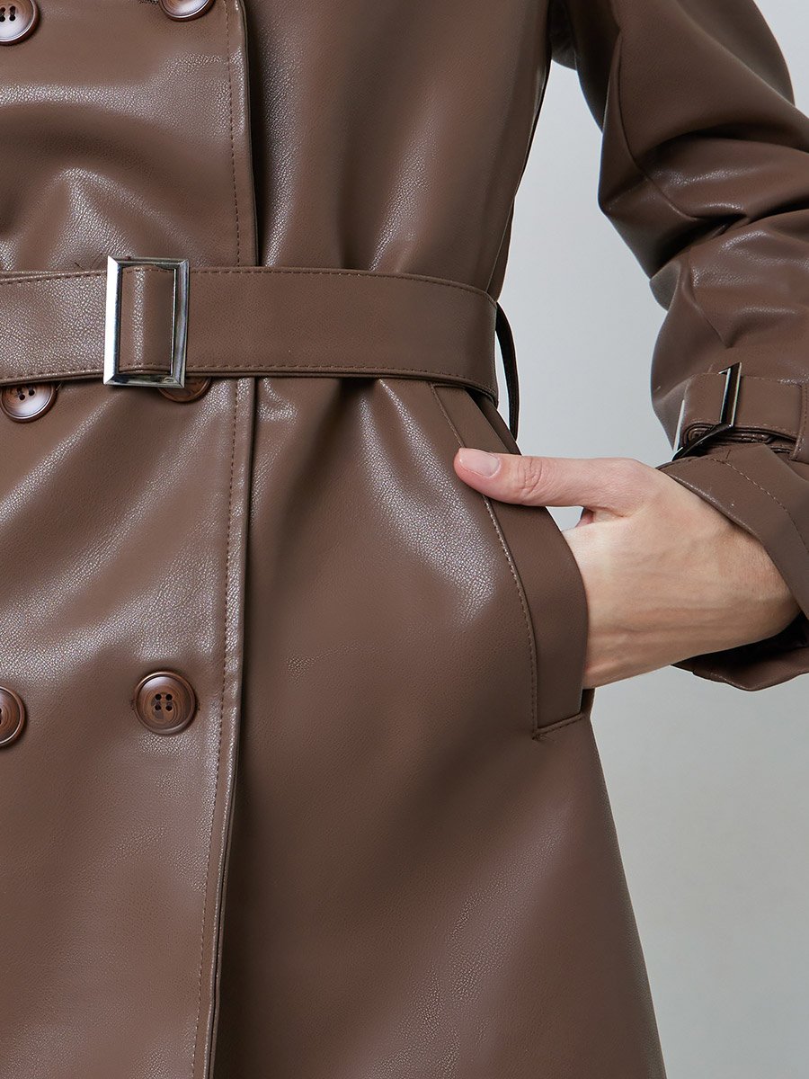 Coffee Brown Regular Fit PU Belted Trench Coat