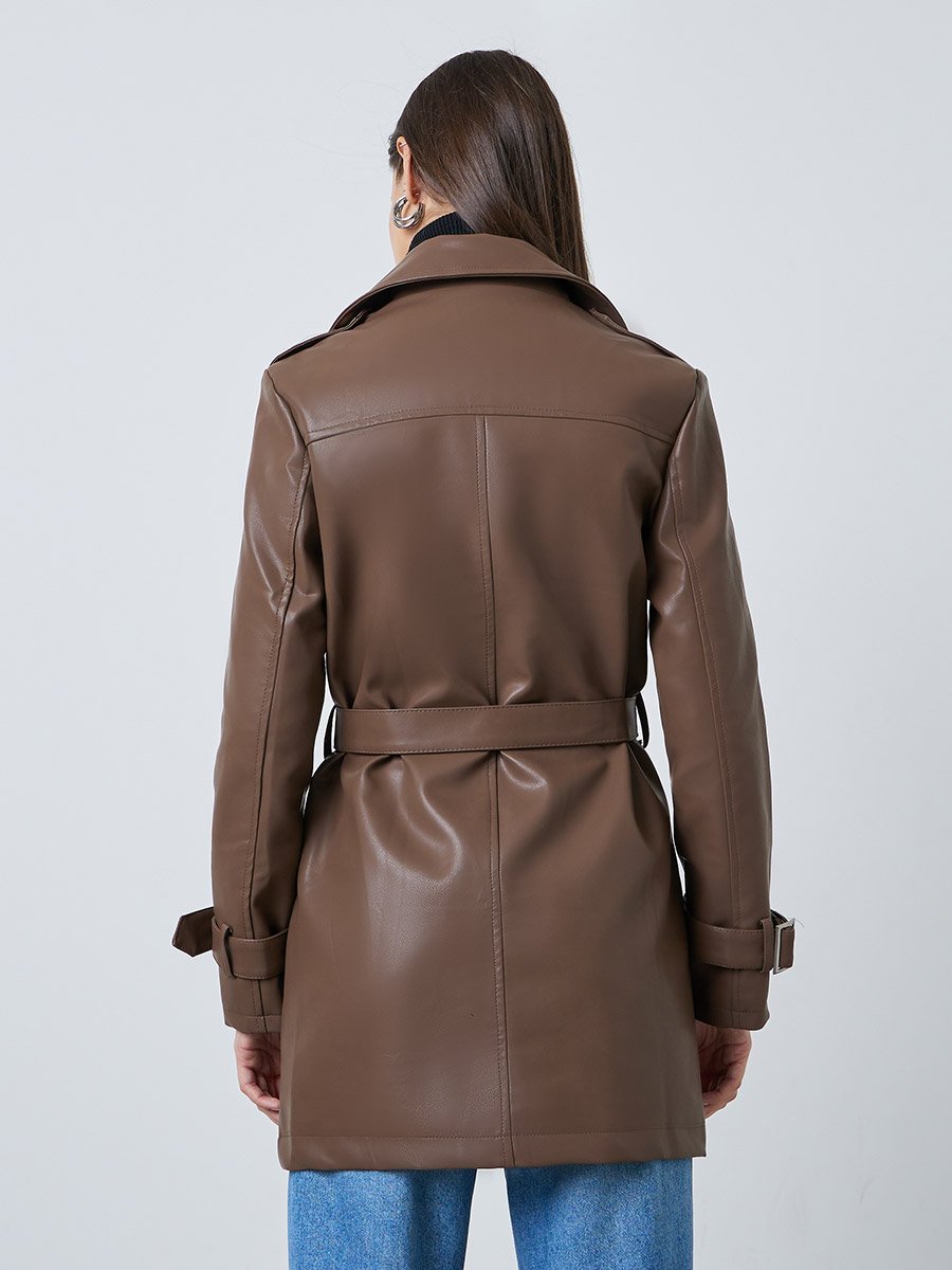 Coffee Brown Regular Fit PU Belted Trench Coat