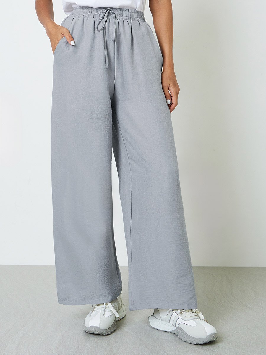Grey Wide-Leg Palazzo Pants with Drawstring Waist