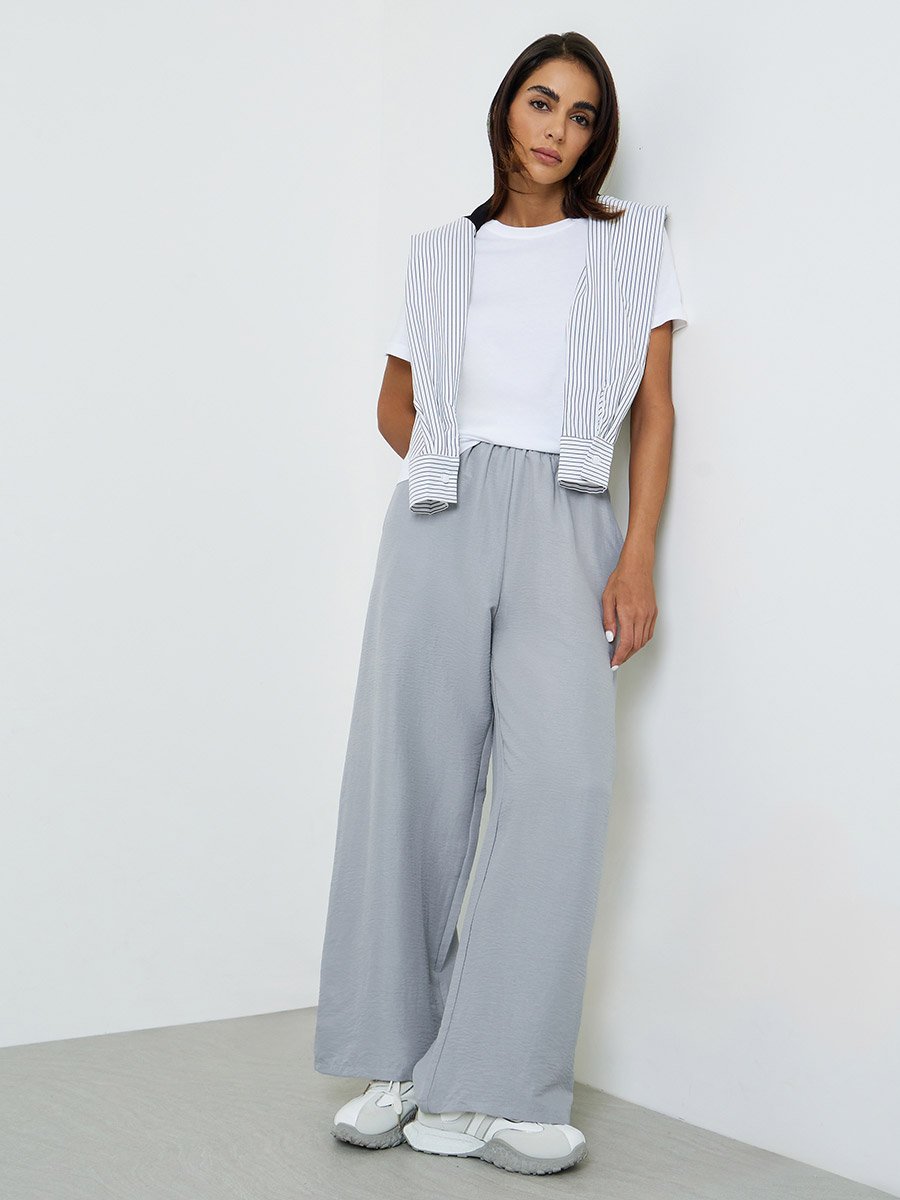 Grey Wide-Leg Palazzo Pants with Drawstring Waist