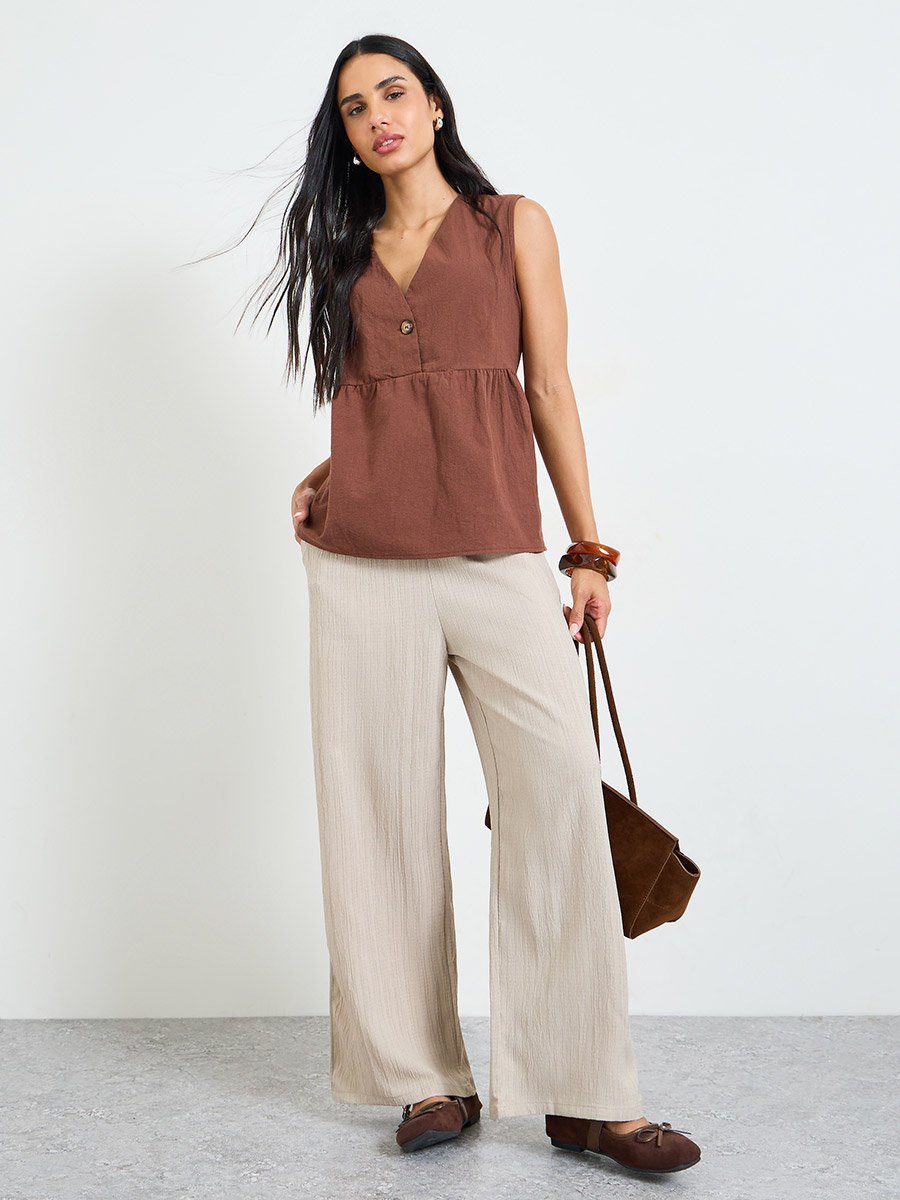 Khaki Wide-Leg Trousers with Drawstring Waist
