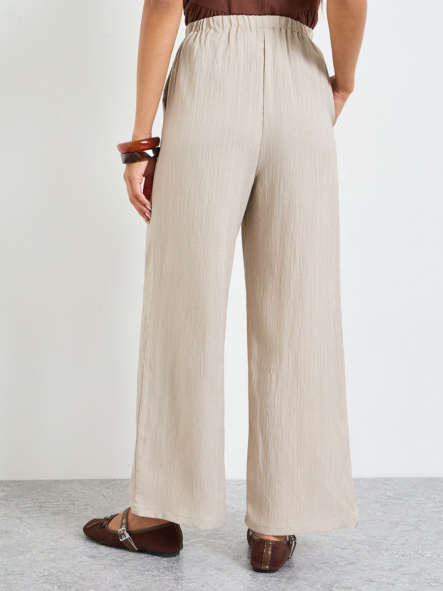 Khaki Wide-Leg Trousers with Drawstring Waist