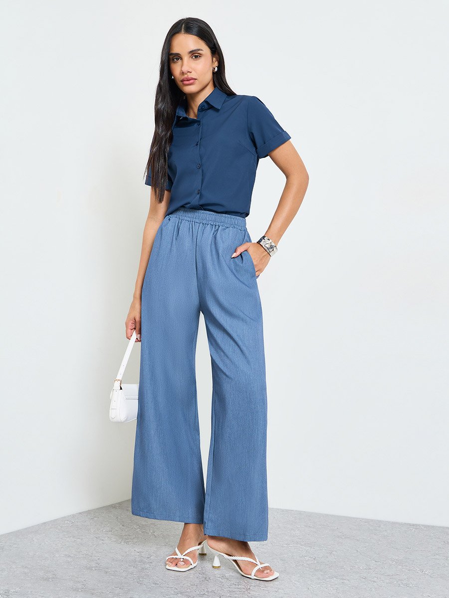 Blue Wide-Leg Elastic Waist Trousers