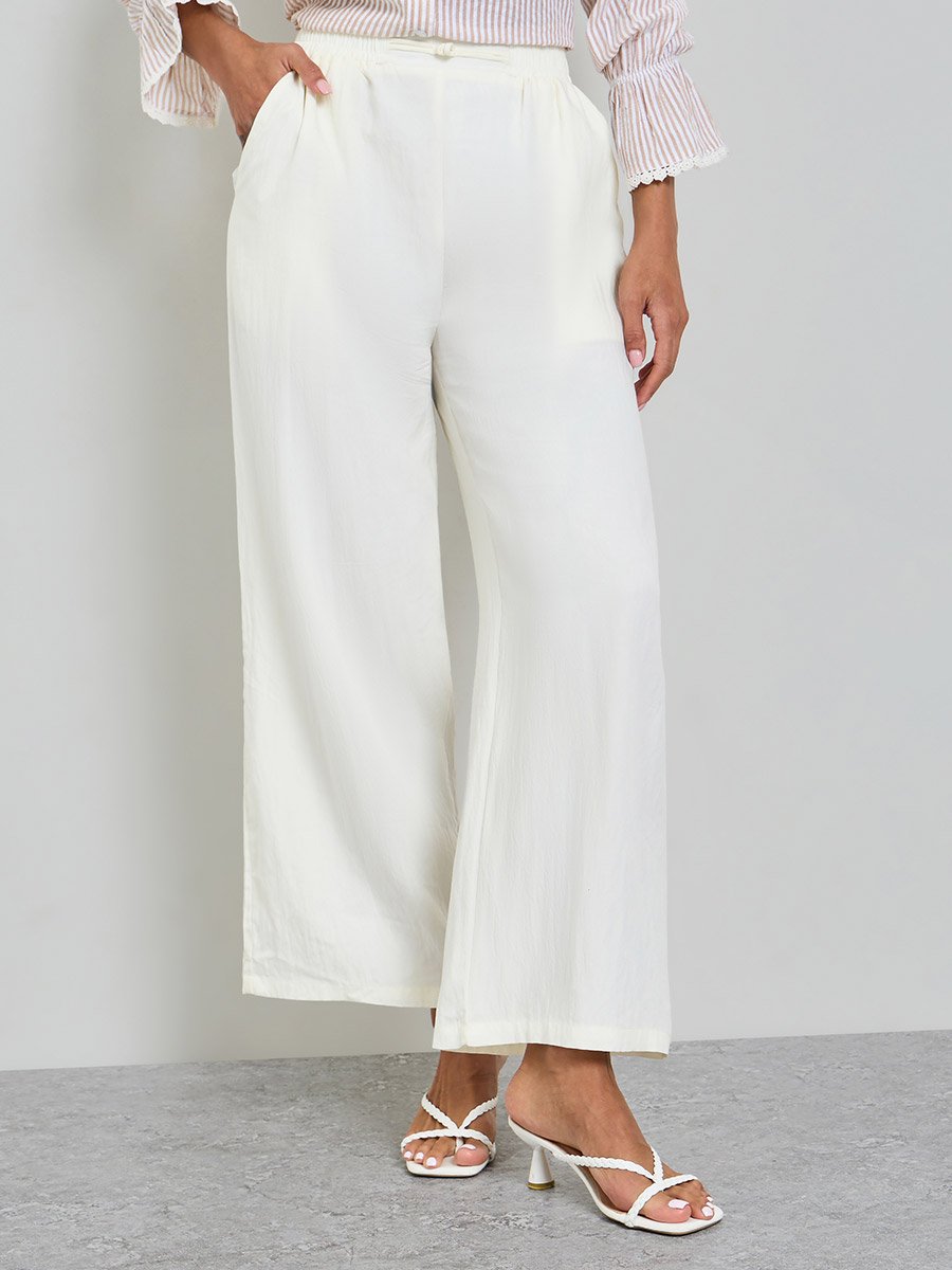 Beige Wide-Leg Elastic Waist Trousers