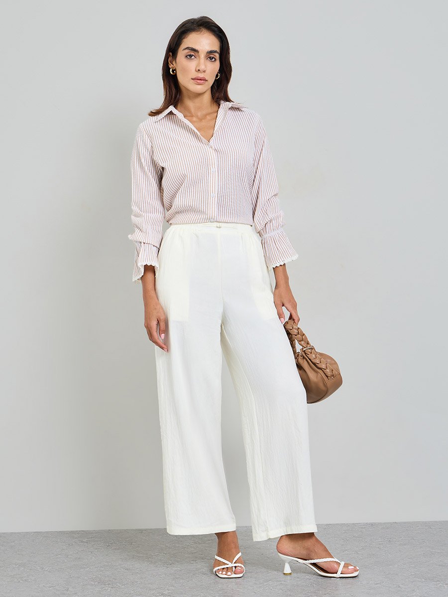 Beige Wide-Leg Elastic Waist Trousers