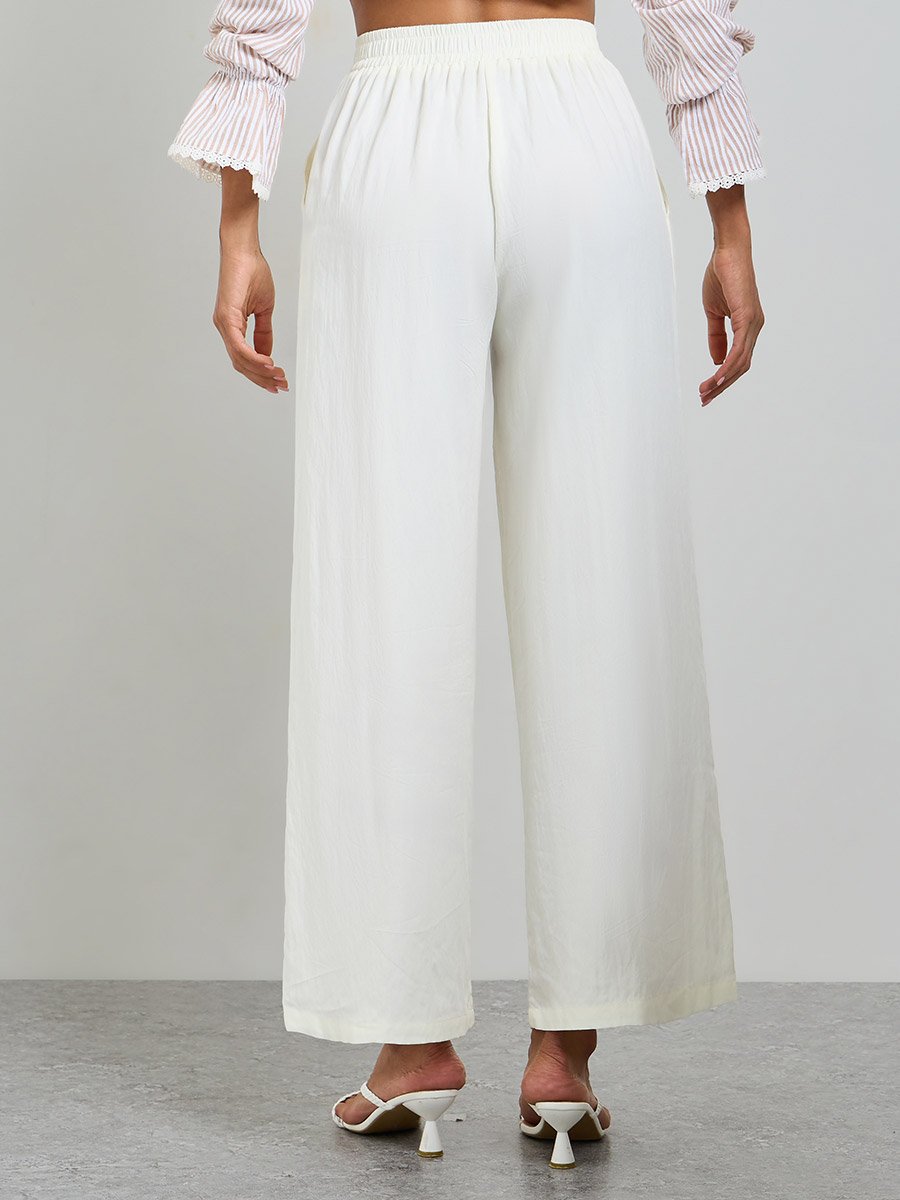 Beige Wide-Leg Elastic Waist Trousers