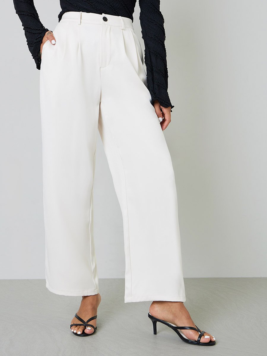 Beige Wide-Leg Pleated Trousers