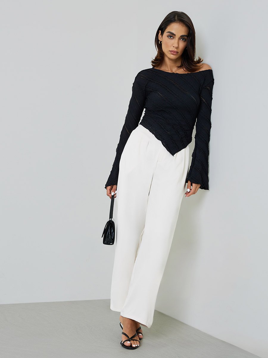Beige Wide-Leg Pleated Trousers
