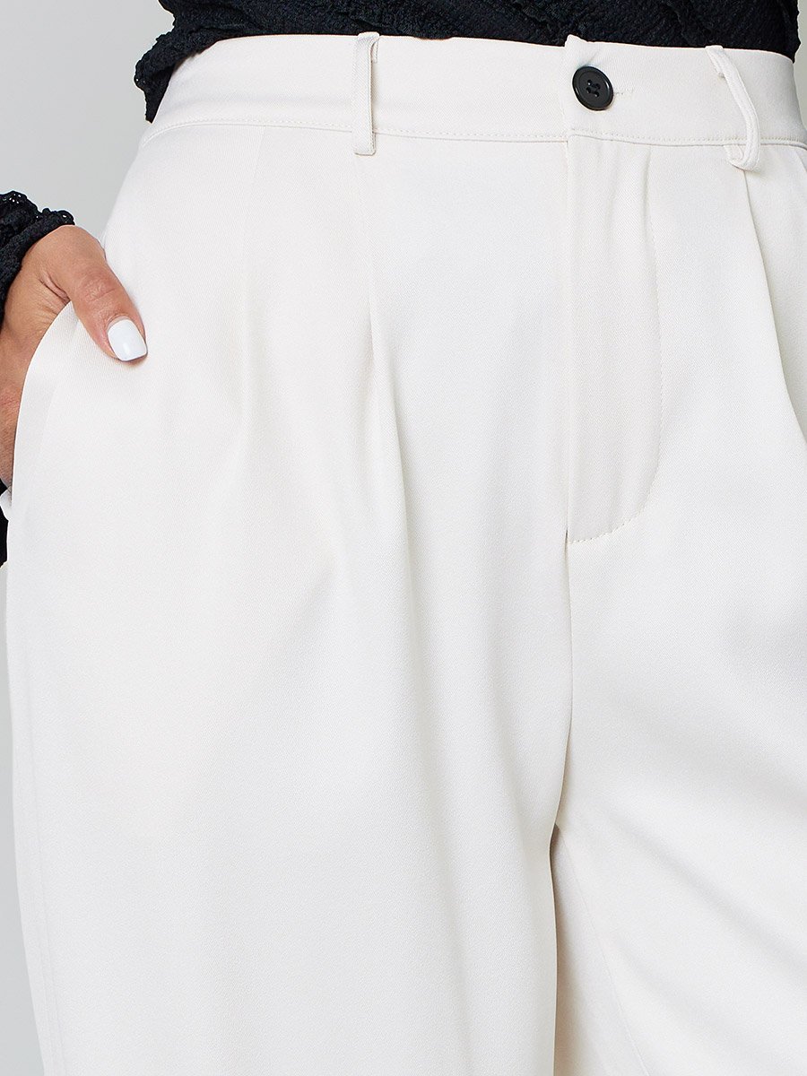 Beige Wide-Leg Pleated Trousers