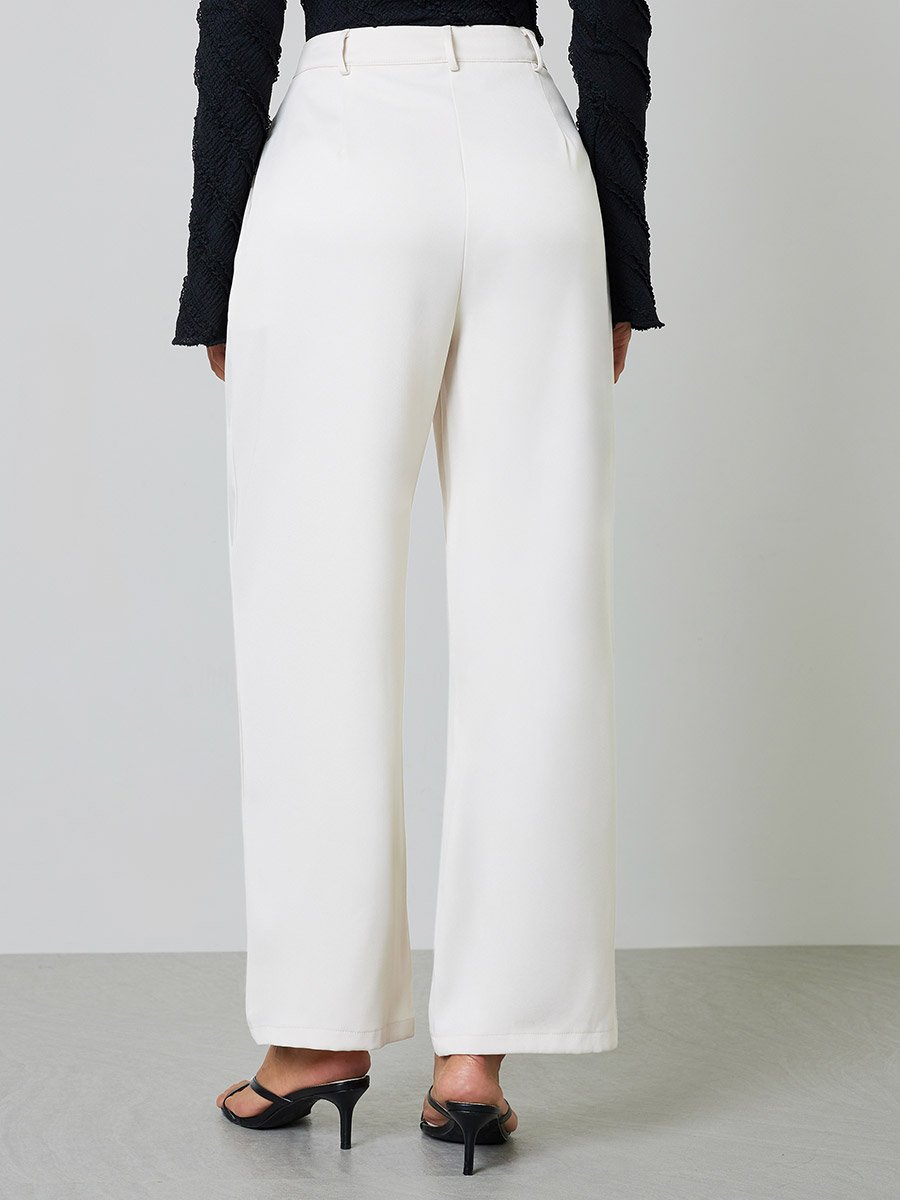 Beige Wide-Leg Pleated Trousers