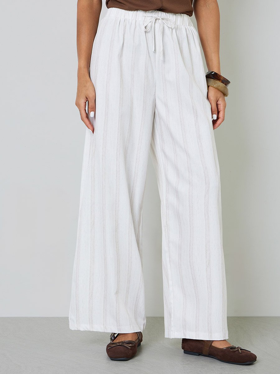 Beige Striped Wide-Leg Trousers with Drawstring Waist
