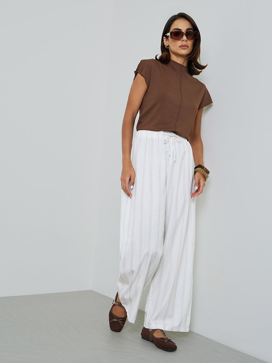 Beige Striped Wide-Leg Trousers with Drawstring Waist